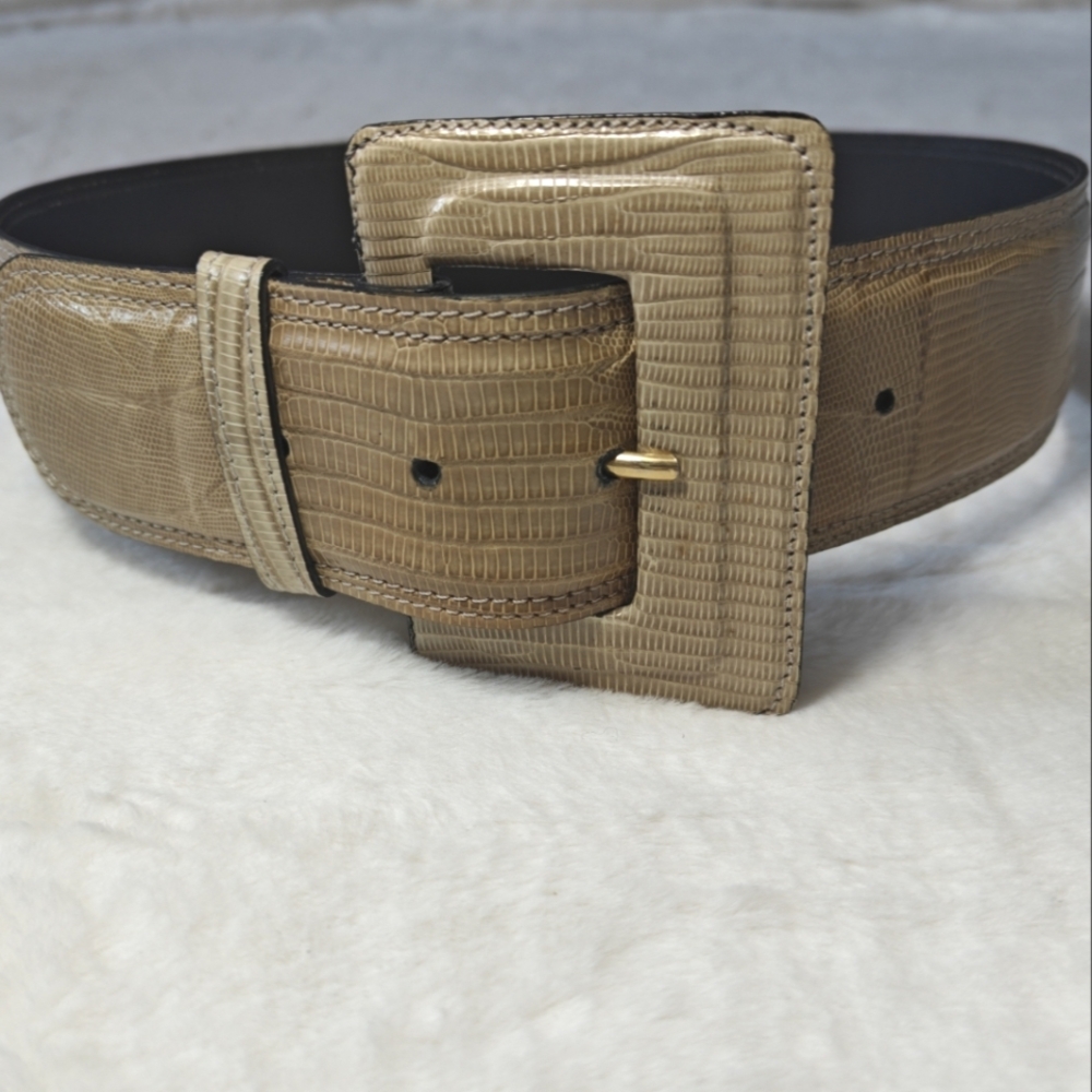 Genuine Lizard Leather Small Wide Belt Gold Embossed Chunky‎ Rectangle Buckle